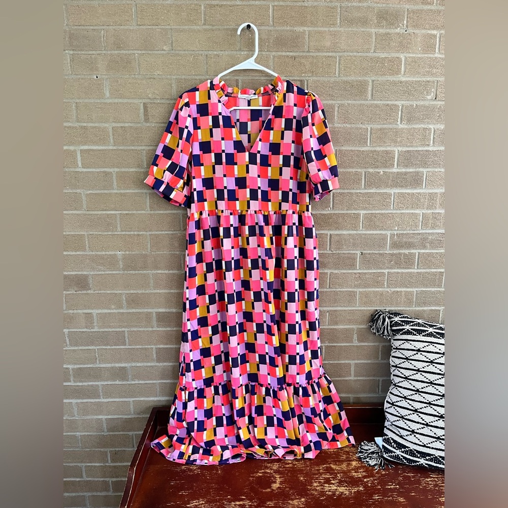 Colorblock Midi Dress in Pink and Navy - Women's V-Neck - Picture 2 of 5